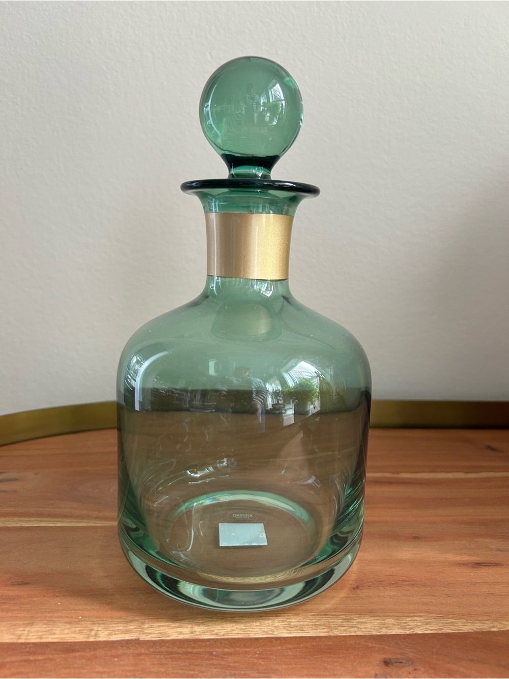 Green Glass Decanter Made in Poland with Gold Neck Band